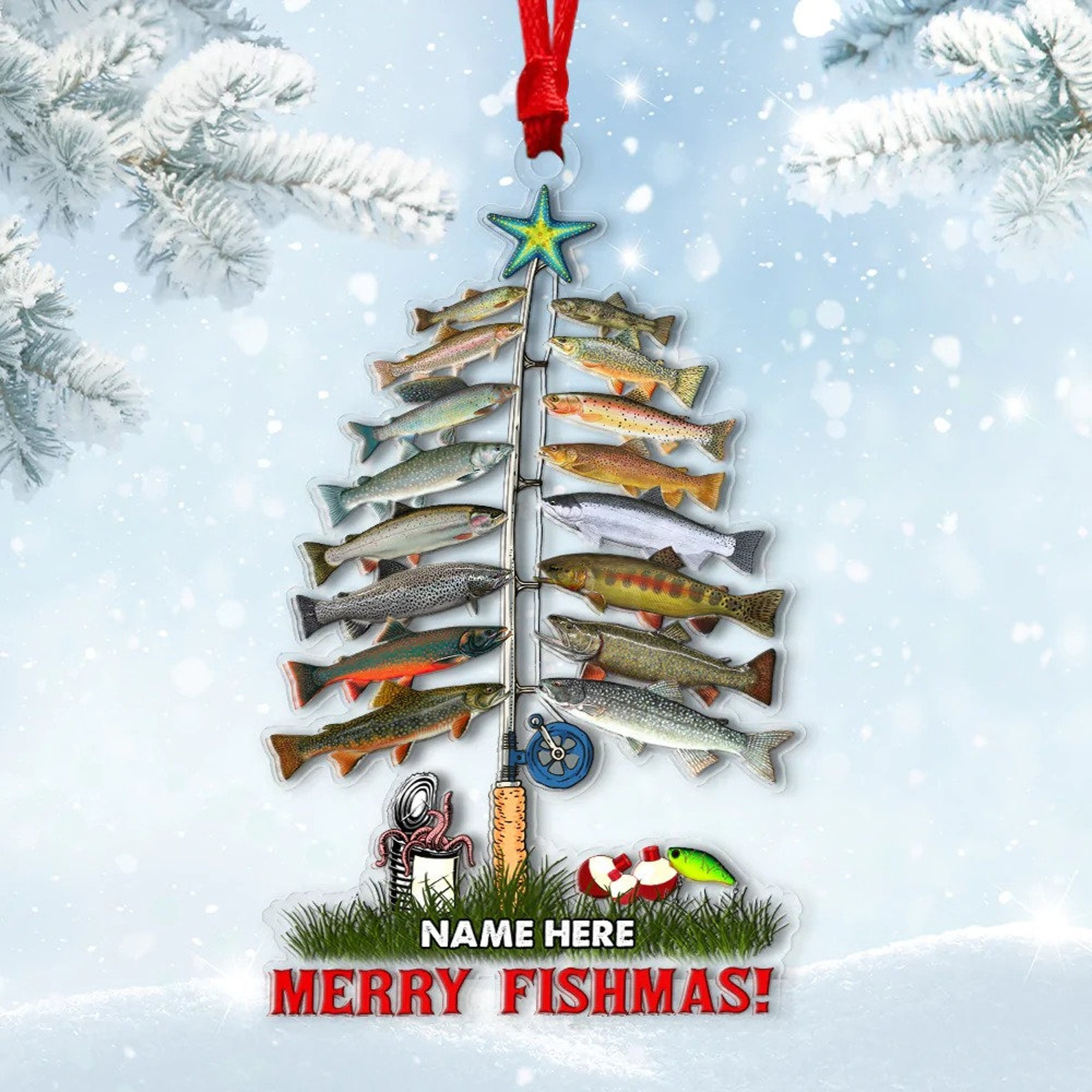 Merry Fishmas Flat Fishing - Personalized Custom Shaped Acrylic Ornament