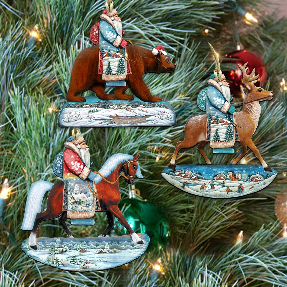 Riding Santa Wooden Ornaments Set of 3 by G. DeBrekht